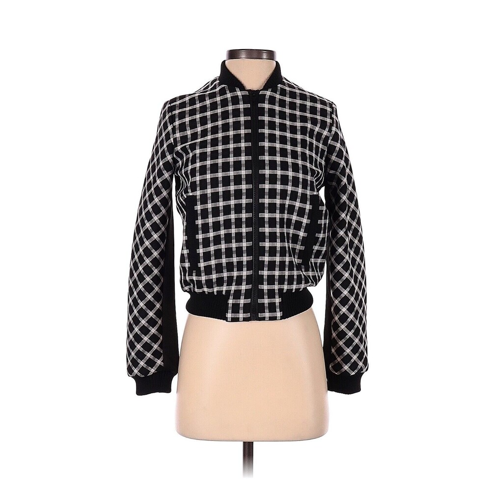 MAJE Black White Check Print Zip Up Bomber - FR 36 / US 4